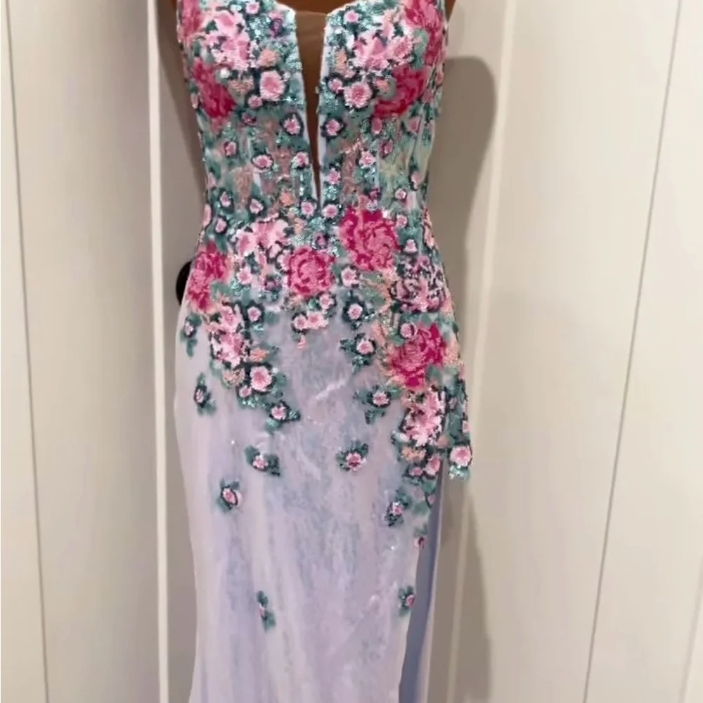 Jovani Strapless Floral Dress in Pink and Blue - Picture 1 of 5